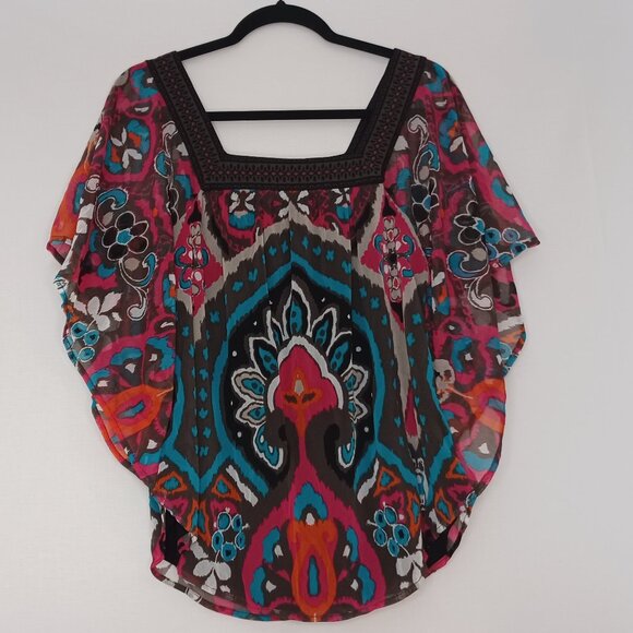 Women's I.N.C. Colorful Hippie Boho Sheer outer w/ Solid black lining Top  Med - Picture 1 of 7